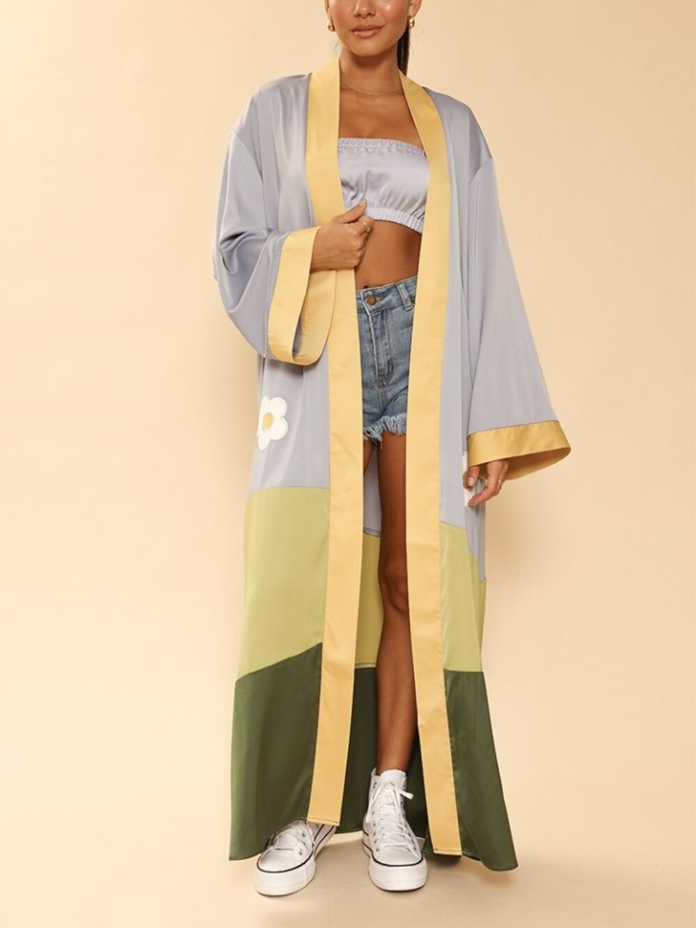 1-0327 Flower Power Long Maxi Kimono robe - dopamine dressing kimono With Flower